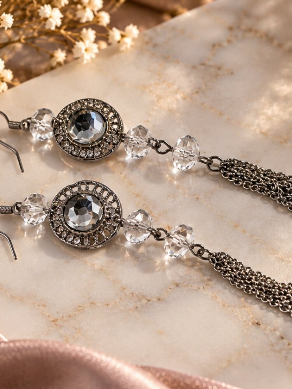 Vintage Boho Silver Rhinestone Drop Dangle Earrings with Fringe Tassel